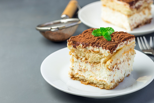 Two piece of traditional italian Tiramisu dessert cake on a white plate, decorated with cocoa powder and mint, on a gray background, horizontal, copy space