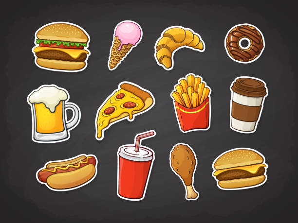 vektor-illustration. satz von fast-food. pizzastück, burger, hot-dog, cheeseburger, pommes frites, krapfen, gebratene hähnchenschenkel, bier, eis, croissant, pappbecher von soda, kaffee. aufkleber mit kontur - burger stock-grafiken, -clipart, -cartoons und -symbole
