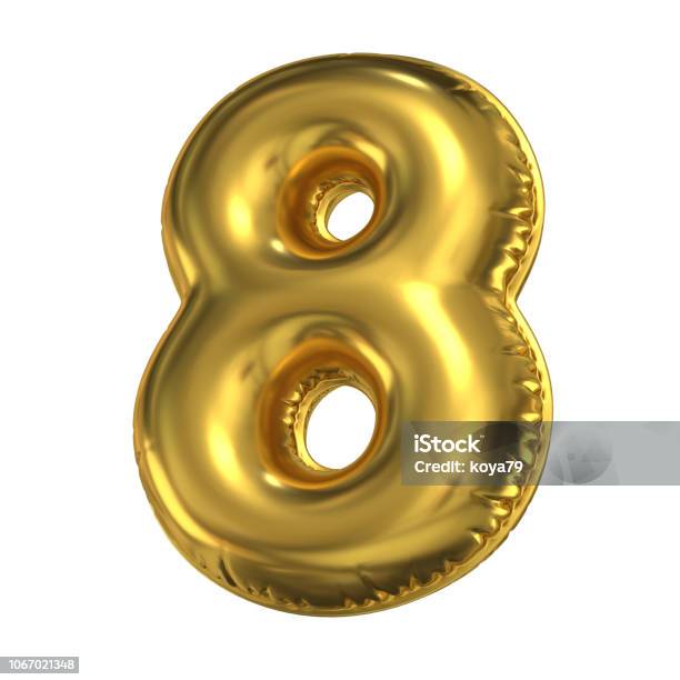 Golden Balloon Font 3d Rendering Number 8 Stock Photo - Download Image Now - Alphabet, Digitally Generated Image, Three Dimensional