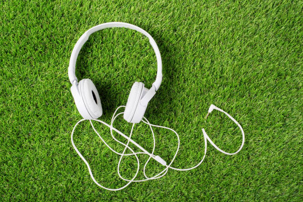 istock White headphones on a green grass 1067021514