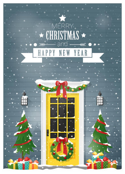 메리 크리스마스와 새 해 복 많이 받으세요 배경 장식된 크리스마스 정문, 벡터, 삽화 - christmas gate wreath house stock illustrations