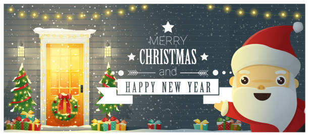 메리 크리스마스와 새 해 복 많이 받으세요 배경 문 앞 장식된 크리스마스와 산타 클로스, 벡터, 삽화 - christmas gate wreath house stock illustrations