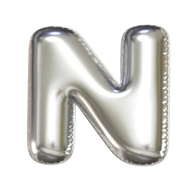 Silver balloon font 3d rendering, letter N  isolated illustration