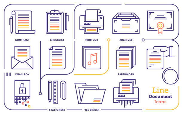 ilustraciones, imágenes clip art, dibujos animados e iconos de stock de conjunto de iconos de línea de archivo de documento - stack tax paper document