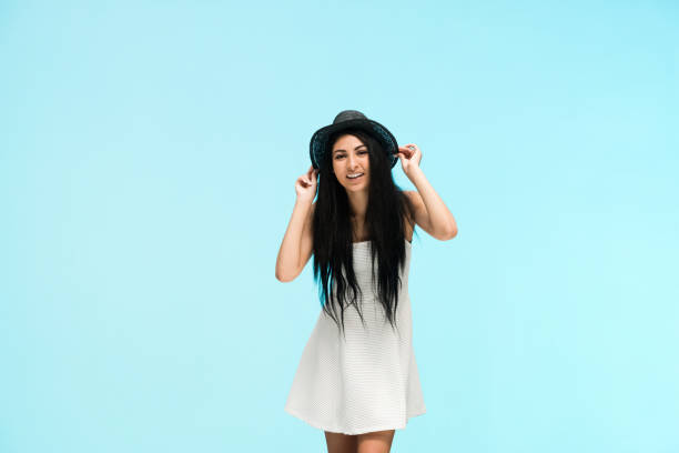 istock Beautiful female on blue background 1067032430