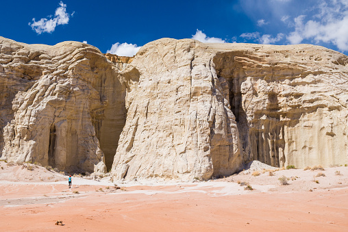 Mujer joven caminando y admirando el Hoodoos Toadstool en Utah, Estados Unidos. Mujer de a pie y disfrutar de vistas de formaciones de piedra arenisca. Concepto de viajes y aventuras. photo