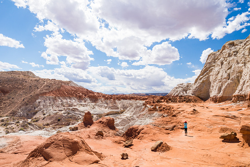 Mujer joven caminando y admirando el Hoodoos Toadstool en Utah, Estados Unidos. Mujer de a pie y disfrutar de vistas de formaciones de piedra arenisca. Concepto de viajes y aventuras. photo