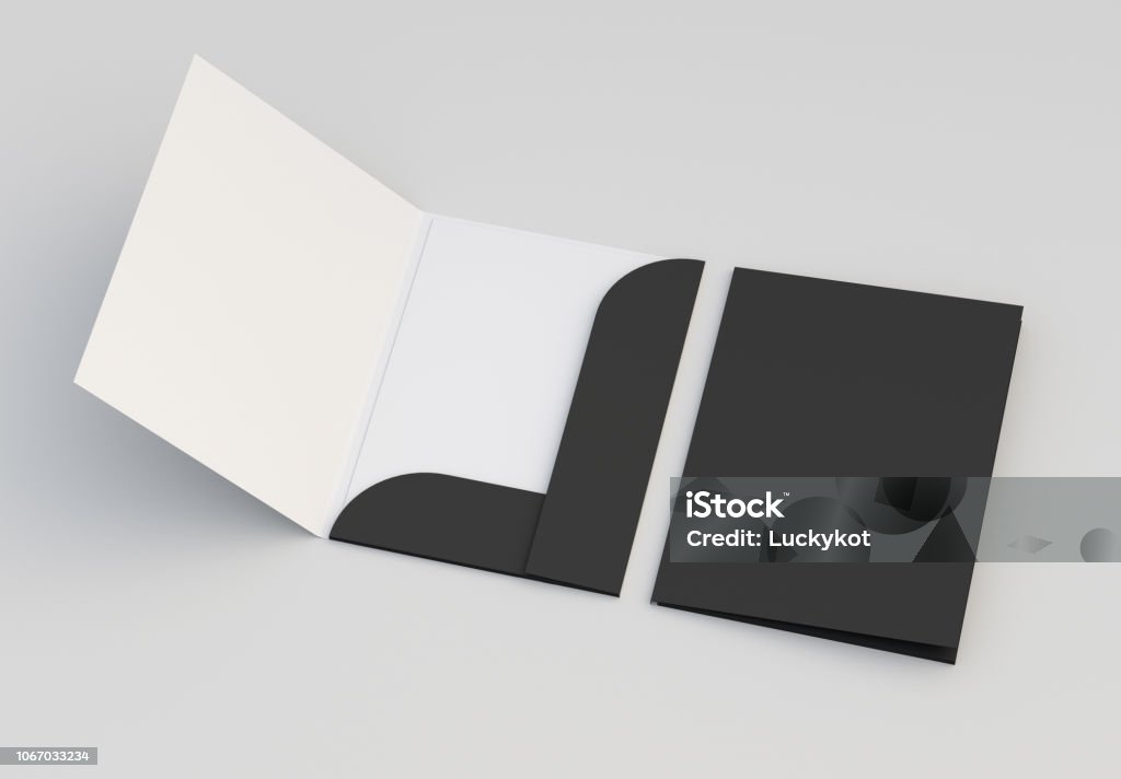 Closed and open mock-up folders on light background. 3d rendering. Ring Binder Stock Photo