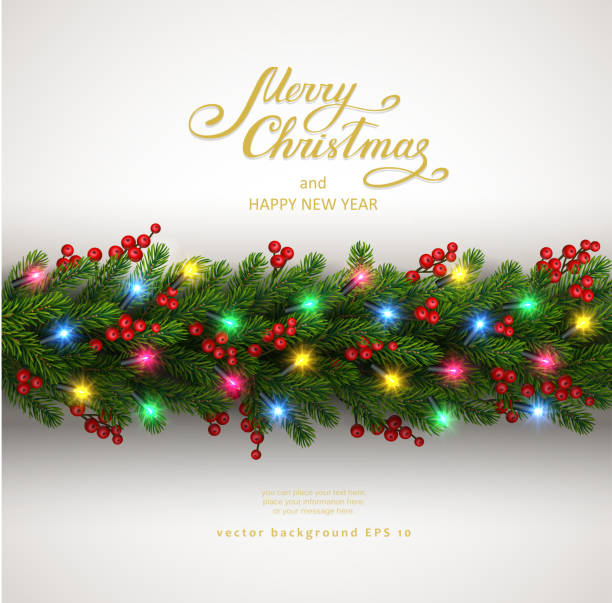 Christmas background with fir tree and electric garland EPS10 file. It contains blending objects. Layered. grouped. Includes gradient mesh. light through trees stock illustrations