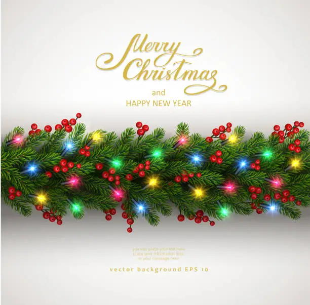 Vector illustration of Christmas background with fir tree and electric garland