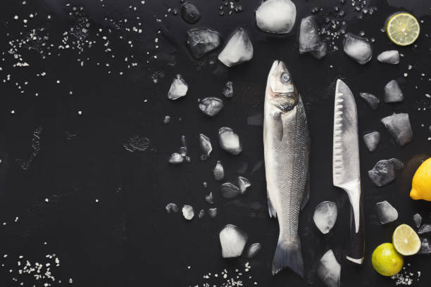 istock Fresh sea bass with ice at black background 1067041350