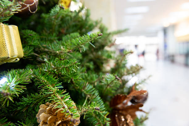 istock Decorated Christmas tree with toys, gift box, little pine and bauble. 1067044166