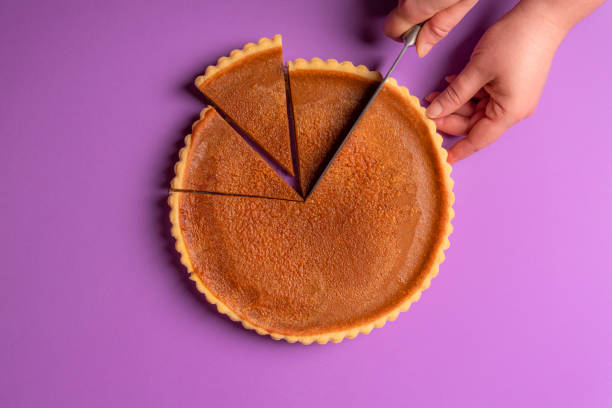 istock Woman hands cutting a pumpkin pie. Purple background with copy space. Above view 1067048892