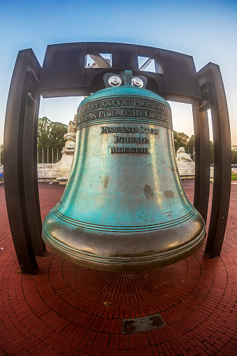 Washington DC: Liberty Bell replica in front of Union Station in Washington D.C, at morning time.