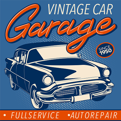 Vintage garage poster with car in vector.