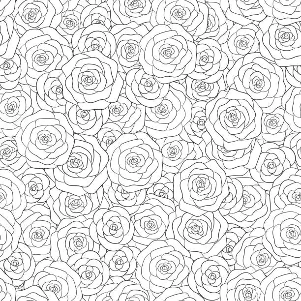 Vector illustration of Hand drawn vector white roses seamless pattern. Floral ornament for adult and kids coloring books.