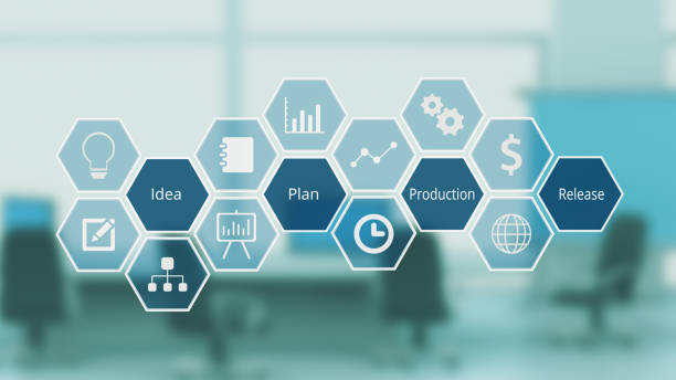 project management concept hexagon grid with icon and keywords about project management and life cycle, corporate office on background hexagon photos stock pictures, royalty-free photos & images