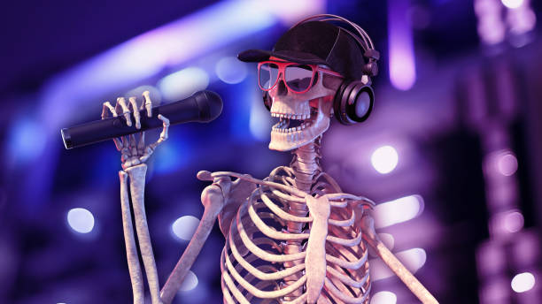 DJ Bones, human skeleton with microphone and hat playing music on turntables, skeleton with disc jockey audio equipment, 3D rendering