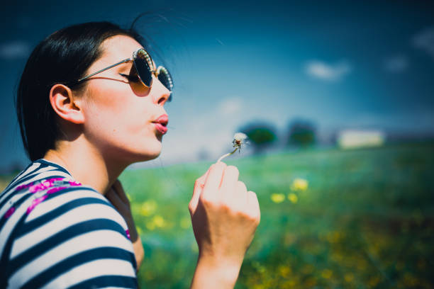 Portrait of a girl in nature blowing on a dandelion at sunset. XXL file