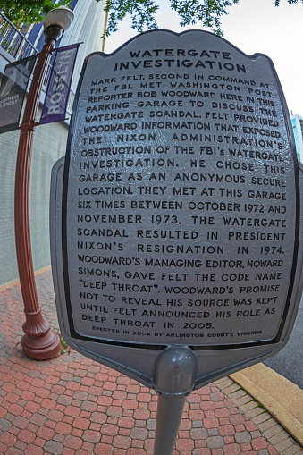 Rosslyn, Washington DC: A plaque outside of the VA garage where the informant code-named “Deep Throat” met with journalist Bob Woodward during the Watergate investigation.