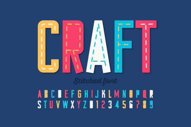 Stitched font Stitched font, running stitch, alphabet letters and numbers thread sewing item stock illustrations