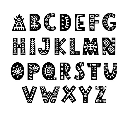 Vector Hand drawn African Tribal Font. Folk Scandinavian Script. English Ethnic Alphabet. Decorative ABC Letters Set. Typeface Design.