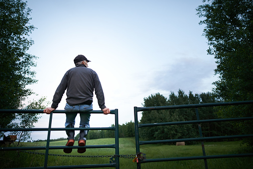 Rearview shot of a mature man sitting on top of a fence on the farm