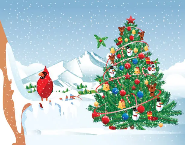 Vector illustration of Christmas Tree and cardinal bird