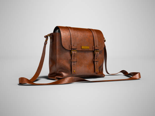 istock Brown leather postal bag with parcels 3d render on gray background with shadow 1067072234
