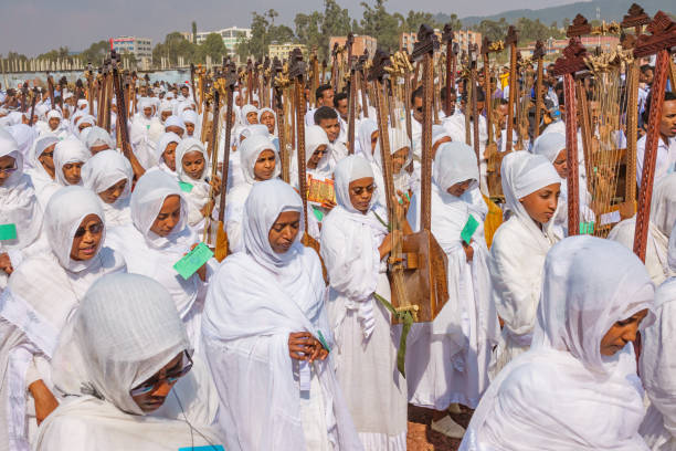 Large music band marches during the Timkat Festival, an annual Orthodox Christian celebration of the Epiphany, in Addis Ababa, Ethiopia.
