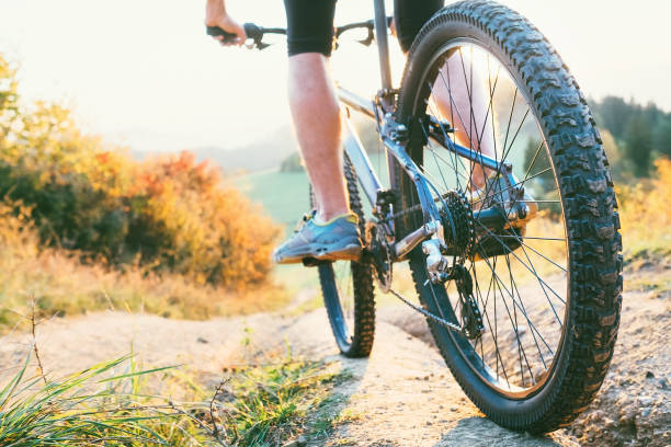 istock Mountain biker ride down from hill. Close up wheel image 1067090390