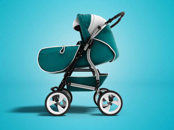 istock Modern blue baby stroller transformer all-season 3d render on blue background with shadow 1067093142