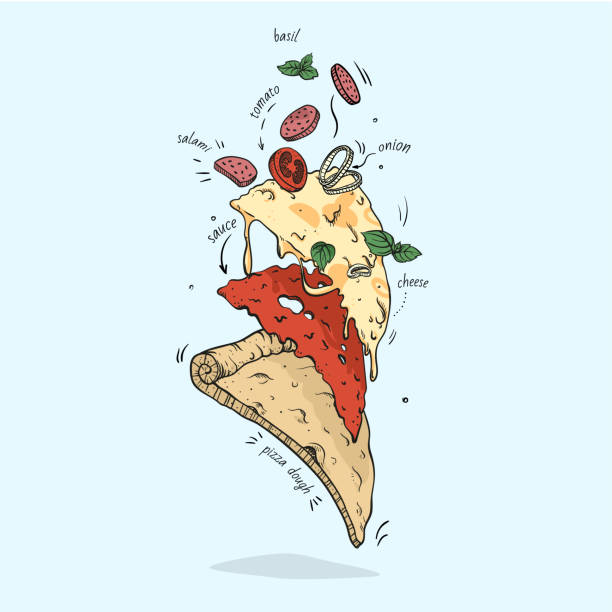 hand drawn pizza slice Vector hand drawn pizza slice. Fast food engraved style illustration. Pizza layers concept in retro colors. Infographic creative design. pepperoni pizza drawing stock illustrations