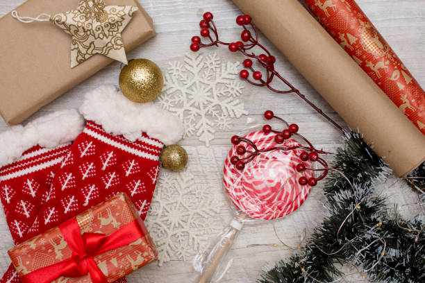 istock Christmas decoration collection on wooden table top view 1067104544