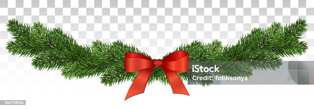 Magnificent pine garland with a red bow. Christmas design. vector .eps10. Horizontal banner with christmas tree garland and ornaments.  for flyers, posters, headers. Vector illustration.Eps10. Garland - Decoration stock vector