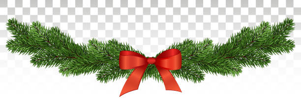 Magnificent pine garland with a red bow. Christmas design. vector .eps10. Horizontal banner with christmas tree garland and ornaments.  for flyers, posters, headers. Vector illustration.Eps10. garland stock illustrations