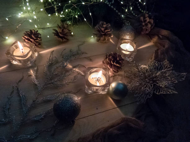 istock Dark color luxury background. Candles on black table top view. Premium horizontal design. 1067126678