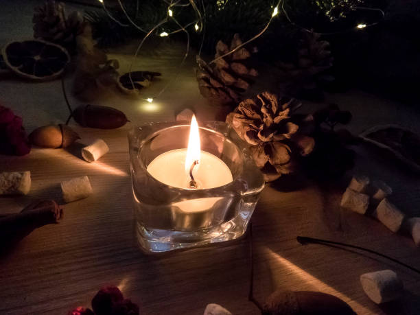 istock Dark color luxury background. Candles on black table top view. Premium horizontal design. 1067126976
