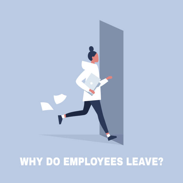 HR. Why do employees leave, brain drain problem. Young character running away from the office. Flat editable vector illustration, clip art HR. Why do employees leave, brain drain problem. Young character running away from the office. Flat editable vector illustration, clip art quitting a job stock illustrations