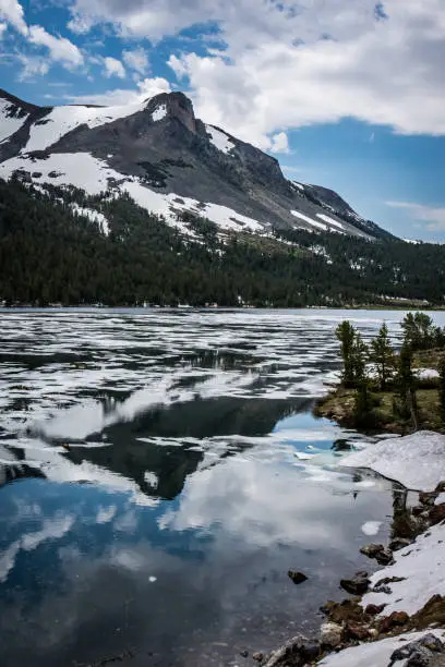 Tenaya Lake with partial ice on the calm water during the summer. This alpine lake is in Yosemite National Park, along Tioga Pass in California