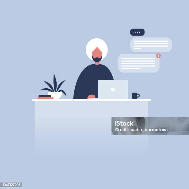 Office Life Young Indian Character Sitting At The Desk Laptop Pop Up Windows Messenger Flat Editable Vector Illustration Clip Art Millennials At Work Stock Illustration - Download Image Now