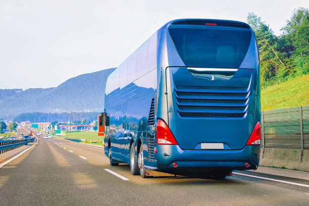istock Blue Tourist bus on road in Poland 1067129276