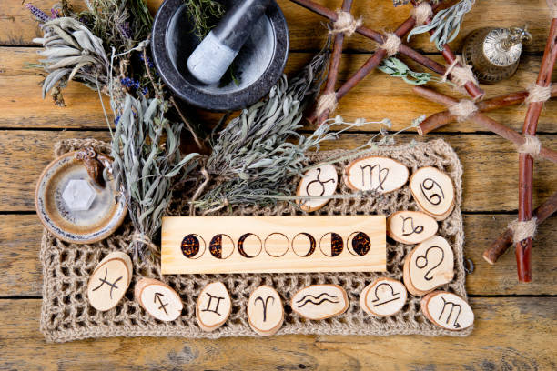 istock Moon Phases and astrological symbols with herb witch mortar and pestle 1067133532