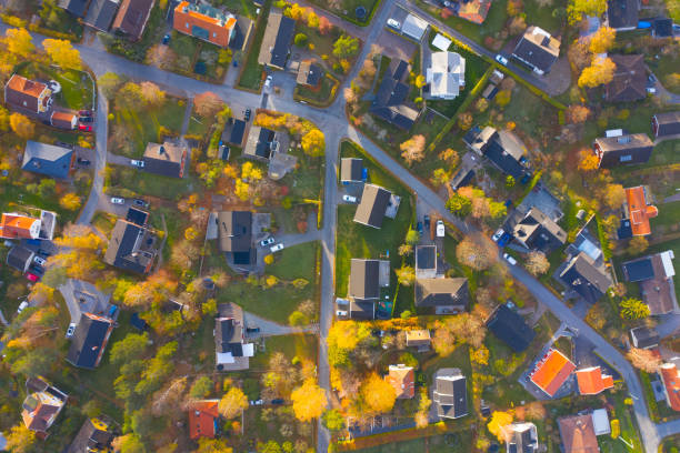 Top view, flying over villa area