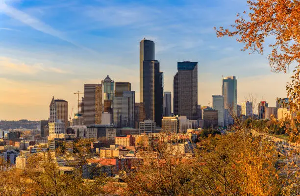 Photo of Seattle downtown skyline sunset view in the fall from Dr. Jose Rizal Park