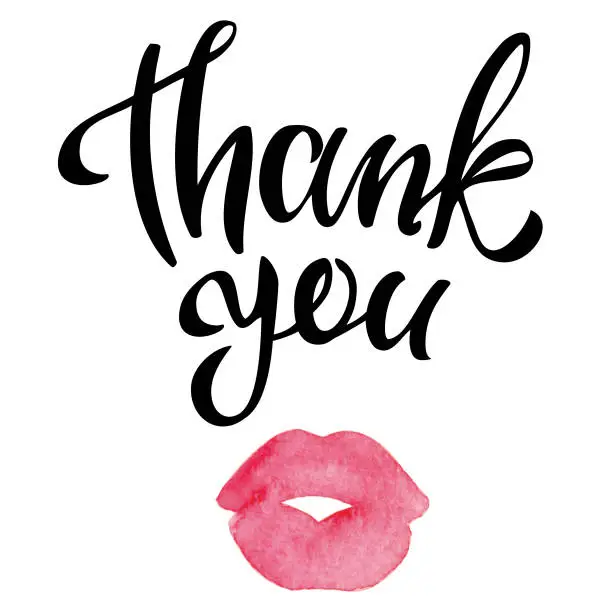 Vector illustration of Thank you handwritten inscription with watercolor kissing lips