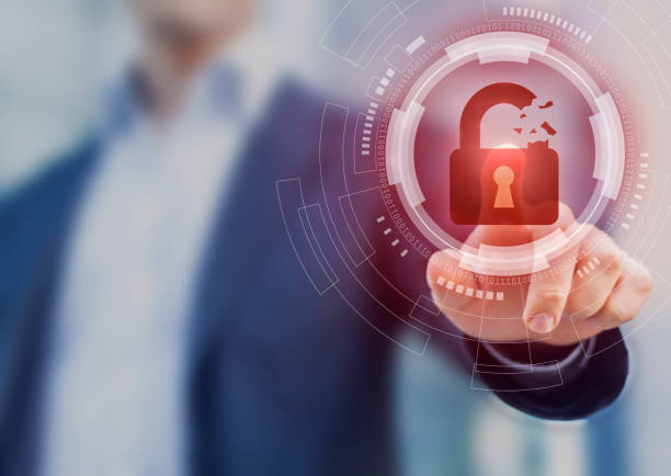 istock Security breach, system hacked, internet cyber attack alert with red broken padlock icon showing unsecured data, vulnerable access, compromised password, virus infection, businessman touching icon 1067143054