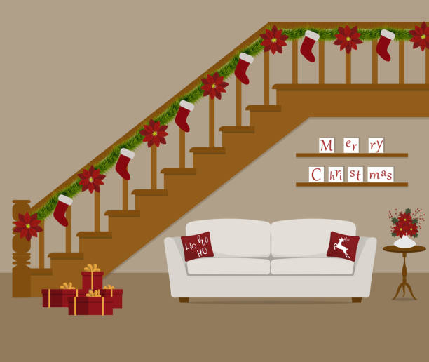 stockillustraties, clipart, cartoons en iconen met witte bank met rode kussens, gelegen onder de trap, ingericht met kerstversiering - christmas tree
