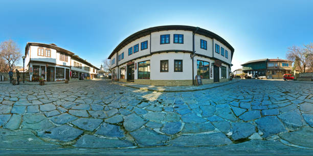 360 equirectangular panorama of a square in old town Tryavna, Bulgaria.