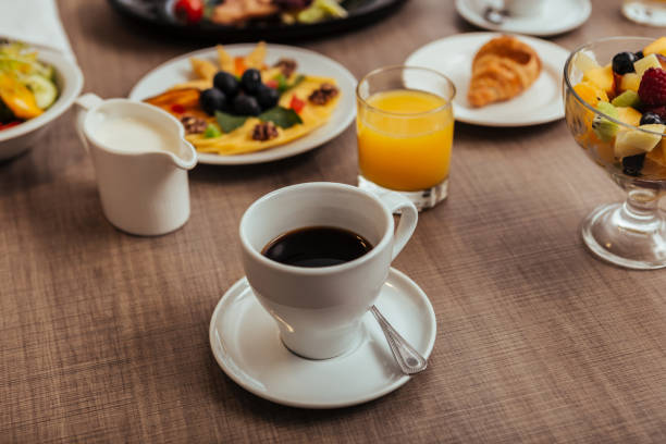 istock Various breakfast from hotel menu consisting of drinks 1067152332